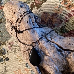 Black Chain Necklace w/ Black Onyx Teardrop Pendant